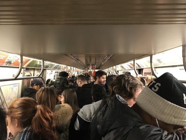 When the MTA said "swastikas in" an L train, it reportedly meant Antifa stickers—which caused the above overcrowding scenario.