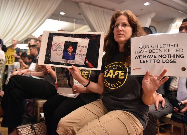 Amy Cohen, a founding member of Families for Safe Streets, at a rally to save speed cameras this past summer