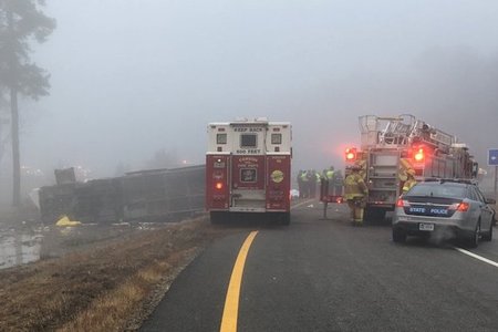 The Tao Travel-owned bus that crashed en route from Orlando, Florida, to NYC on Tuesday morning.