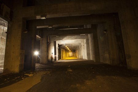 Looking down the underside of the BQE viaduct, near Joralemon and Furman Streets<br>