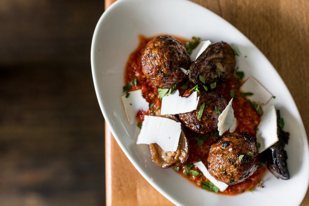 Pork Meatballs with eggplant, tomato gravy and ricotta salata<br>