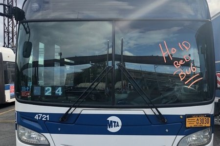 One of the quarantined buses at the Kingsbridge Bus Depot