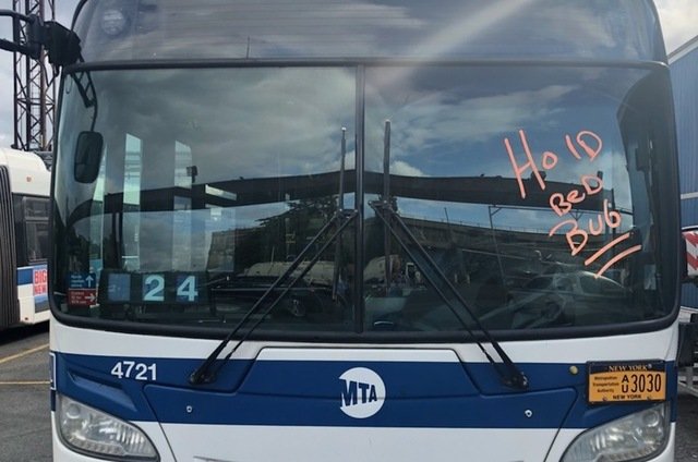 One of the quarantined buses at the Kingsbridge Bus Depot