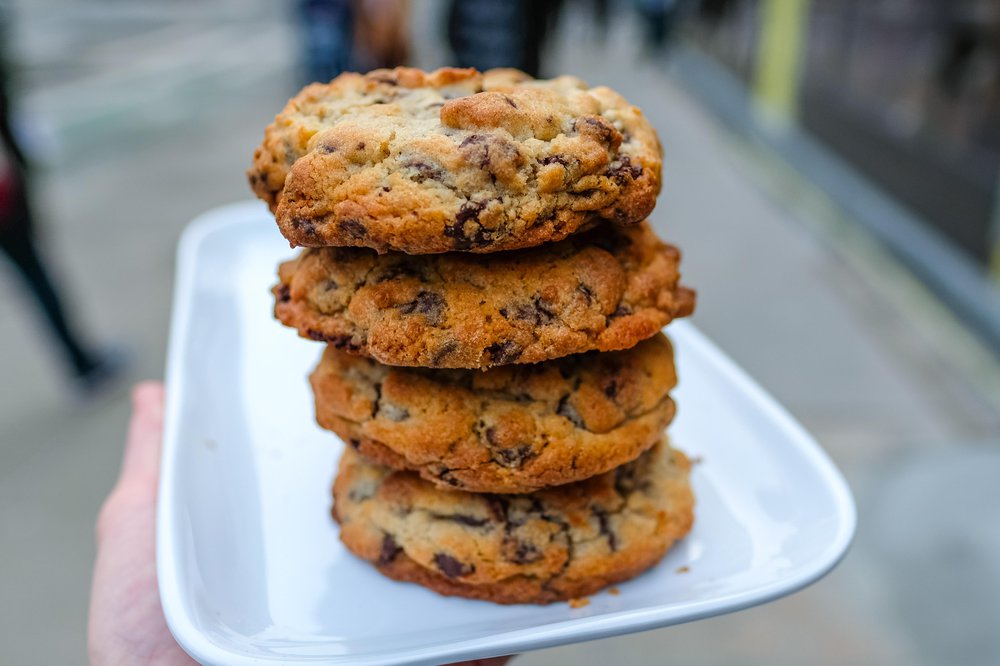 levainnoho-10.jpg four of the new "two chip" cookies stacked on top of each other
