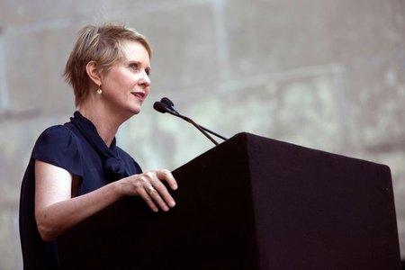 Cynthia Nixon speaking at OZY Fest in Manhattan last month