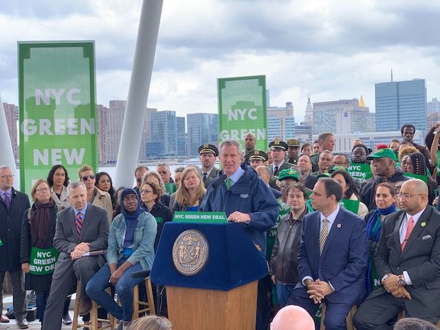 Mayor Bill de Blasio announced a Green New Deal for NYC at a press conference in Long Island City on Monday.