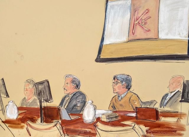 A courtroom sketch of Keith Raniere and the D.O.S. brand.