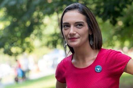 Julia Salazar at a McCarren Park rally last month