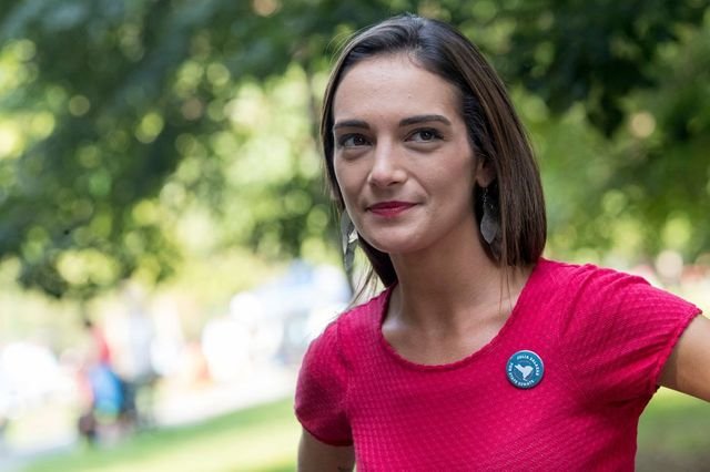 Julia Salazar at a McCarren Park rally last month