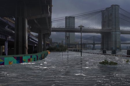 In this futuristic rendering, a sandbag snake protects against the flood.