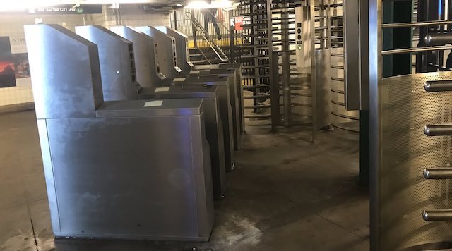 The stranded turnstiles, pictured inside Nassau Avenue's G train stop, would really tie the room together.