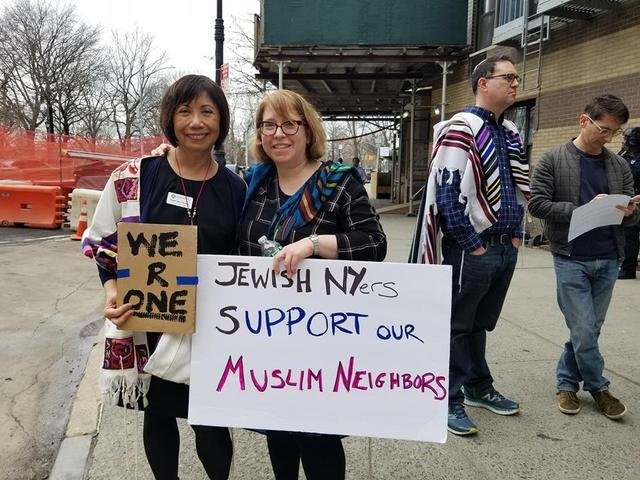 Rabbis Lauren Grabelle Herrmann and Mira Rivera outside the Islamic Cultural Center on Riverside Drive earlier today