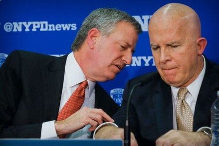Mayor Bill de Blasio and Police Commissioner James O'Neill at a press conference announcing plans to equip all city police officers and detectives on patrol with body cameras.
