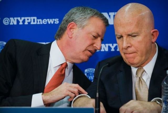 Mayor Bill de Blasio and Police Commissioner James O'Neill at a press conference announcing plans to equip all city police officers and detectives on patrol with body cameras.